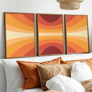 Modern abstract art canvas painting with wood frame, warm orange retro striped wall decor.