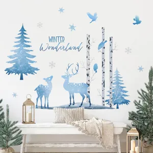 Blue Christmas wall sticker deer tree winter wonderland decals for home decor PVC material.