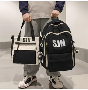 Detailed view of stylish canvas backpack and tote bag two-piece set for students.