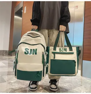 Detailed view of the trendy large capacity two-piece backpack set in white and green.