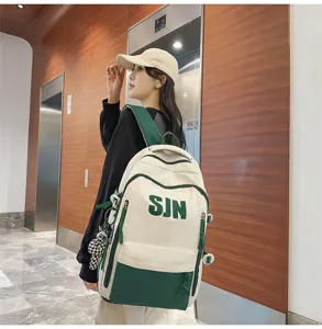Detailed view of the stylish canvas backpack with contrast color and spacious storage design.