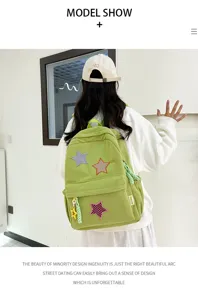 Green corduroy backpack detail featuring cute checkered star patches and daily casual sweet style.
