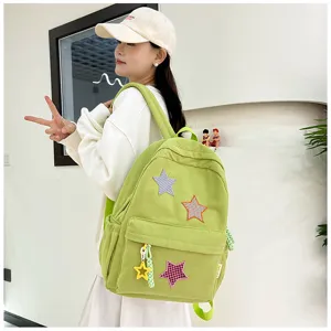 Green corduroy backpack with cute star patches, sweet Japanese style school bag for girls.
