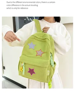 Corduroy backpack cute style green school bag with star patches for daily use now