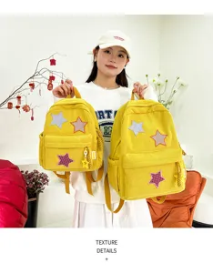 Cute corduroy backpack for teen girls, sweet style star patch school bag for daily use.