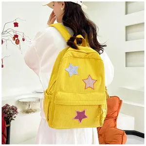 Cute Japanese style corduroy backpack with star patches for sweet girls and daily casual use.
