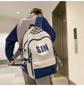 Large capacity casual school backpack for teenage boys, stylish white and blue design style.