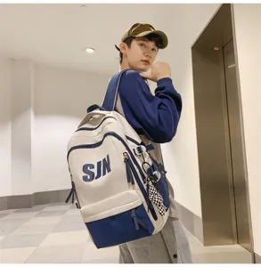 Stylish large capacity blue and white dual shoulder backpack for students daily school casual use.