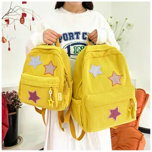 Japanese ins style cute girl corduroy backpack with star patches yellow casual daypack