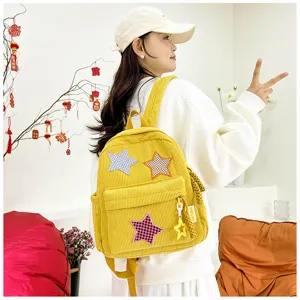 Cute corduroy backpack for girls Japanese style yellow school bag with star patches