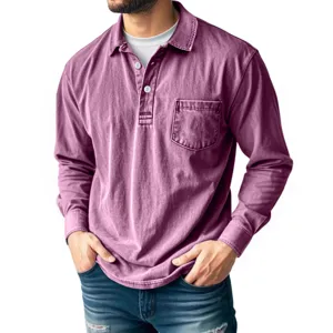Men's Vintage Washed Long Sleeve Polo Shirt Casual Cotton Tee with Practical Pocket