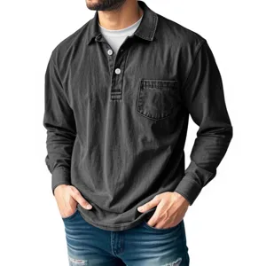 Mens long sleeve vintage washed cotton polo shirt casual pocket design regular fit top