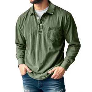 Men vintage washed long sleeve polo shirt casual cotton regular fit top for autumn