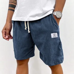 Mens casual corduroy shorts with drawstring blue summer streetwear comfortable fit daily wear