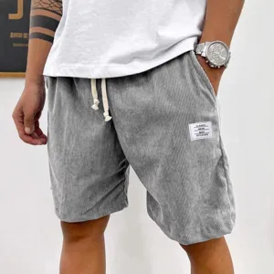 Men casual corduroy shorts drawstring elastic waist five-point streetwear trousers pocket
