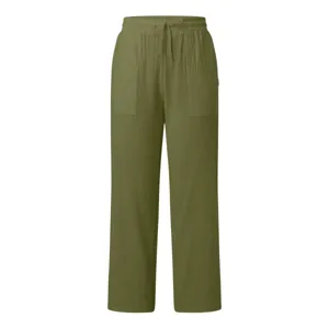 Dettagli dei pantaloni dritti casual da donna verde oliva con vita elasticizzata a coulisse.