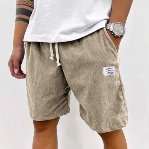 Men's casual corduroy shorts with drawstring and pocket label, perfect for daily wear summer.