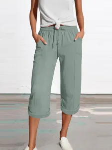 Women casual cropped pants loose cotton linen drawstrings pockets green summer trousers