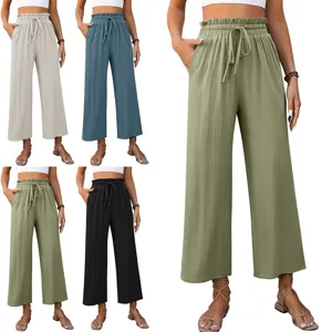 Women's Casual Cotton Linen Wide Leg Pants High Waist Drawstring Loose Solid Color Straight Trousers With Pockets Daily Bottoms