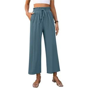 Women Casual High Waist Wide Leg Pants Solid Color Loose Cotton Linen Long Trousers New