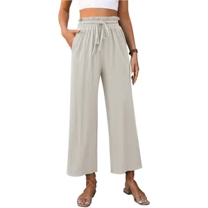 Women High Waist Wide Leg Linen Trousers Casual Loose Solid Color Summer Long Pants