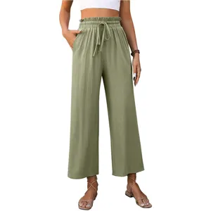 Women's high waisted cotton linen wide leg pants casual loose solid color drawstring trousers