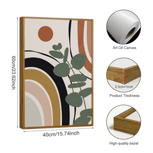 Modern geometric abstract plant canvas wall art with wood frame for living room decor