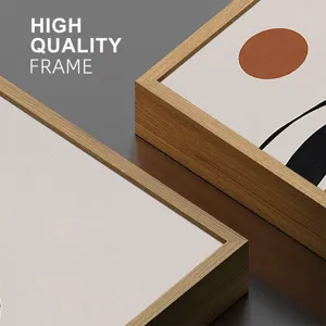 Detail shot of modern framed geometric abstract canvas wall art with premium wood frame.