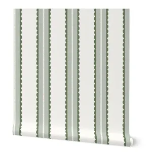 Papel pintado de rayas verticales festoneadas verdes impermeable PVC decoración pared