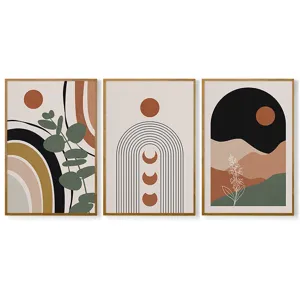 Detail view of bohemian abstract geometric canvas wall art set with warm earthy tones.
