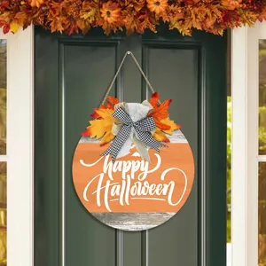 Herfst Houten Happy Halloween Welkomstbord Cirkelvormig Deurbord Voor Voordeur Buiten Thanksgiving Pompoen Esdoornblad Geruite Strik Wanddecoratie