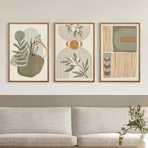 Bohemian Botanical Green Leaves Canvas Wall Art Framed Abstract Geometric Triptych Decor For Living Room Bedroom Office Decorations