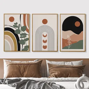 Bohemian Geometric Abstract Line Framed Canvas Wall Art Sun Moon Plant Leaf Decorative Painting For Living Room Bedroom