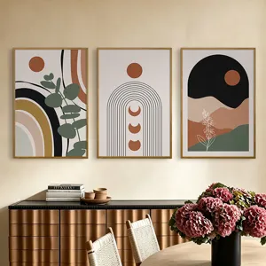 Modern minimalist bohemian geometric canvas art print set for elegant living room decor.