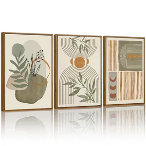 Detail view of modern bohemian botanical canvas wall art, minimalist geometric framed decor set.