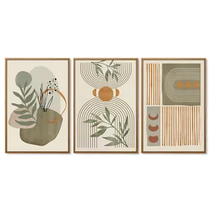 Bohemian abstract green plant canvas wall art set of three framed decorative paintings for home.