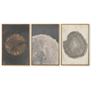 Ensemble de 3 tableaux muraux d'art abstrait en toile avec anneaux d'arbres et cadres en bois.
