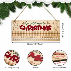Hölzernes Weihnachts-Adventskalender-Hängeschild mit 24 nummerierten Löchern und 3D-Dekor.