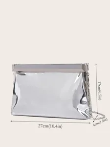 Silberne metallische Abendtasche Clutch mit Kettriemen Mode Party Umhängetasche 27x17cm
