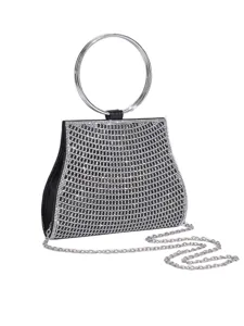 Exquisite schwarze Strass-Abendtasche mit silbernem Ringgriff und Kettenriemen für Party.