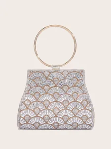 Elegante Strass Abendtasche mit rundem Metallgriff und glitzerndem Fächerdesign für Partys.