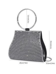 Schwarze Strass-Abendtasche mit rundem Metallgriff und Kette, elegante Party-Damentasche.