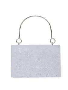 Silberne glitzernde Abendtasche mit rundem Metallgriff und feinem Design für Damen.