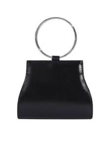 Schwarze strukturierte Abendtasche mit Metallringgriff, elegante Damentasche für Party.