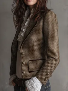Women stylish retro houndstooth tweed blazer coat with metal buttons slim fit outwear