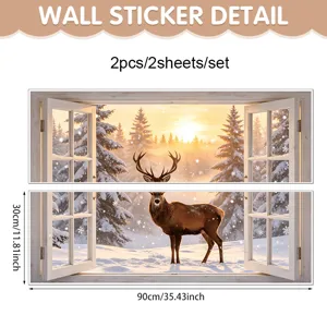 3D Navidad Ventana Pegatina de Pared Paisaje Nieve Ciervo PVC Decoración 90x30cm 2Pz