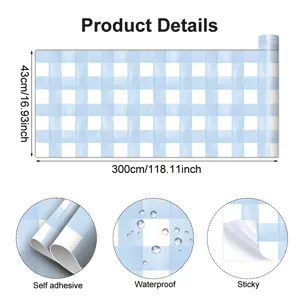 Blue grid self-adhesive PVC wallpaper for home wall decoration, 43x300cm waterproof.