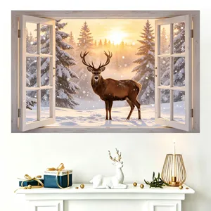 Pegatina de Pared Ventana Falsa 3D de Navidad PVC Autoadesiva Invierno Paisaje de Nieve Alce Reno Calcomanía Decoración Hogar