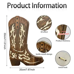 Details zur vintage holz Western Stiefel Wanddekoration Vase, Maße und Metallhaken zeigend.