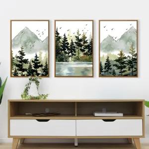 Modern minimalist watercolor landscape canvas wall art set, jungle forest design for home decor.